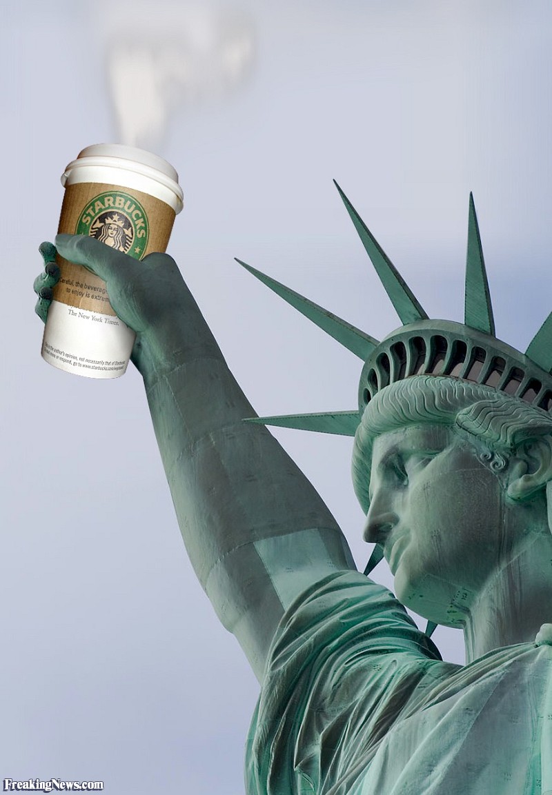 Funny Statue Of Liberty With Starbucks Coffee.