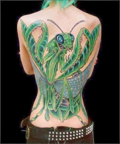 Green Mantis Tattoo On Girl Full Back