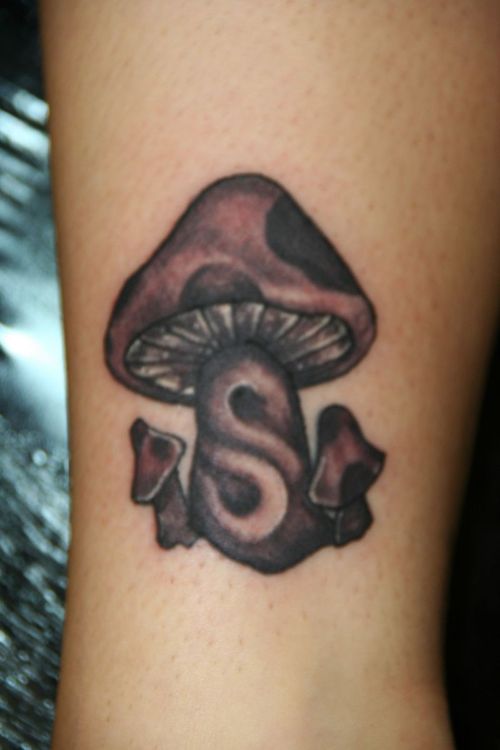 Grey Ink Mushroom Tattoo On Arm