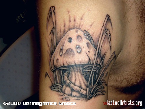 Grey Ink Mushroom Tattoo On Right Half Sleeve
