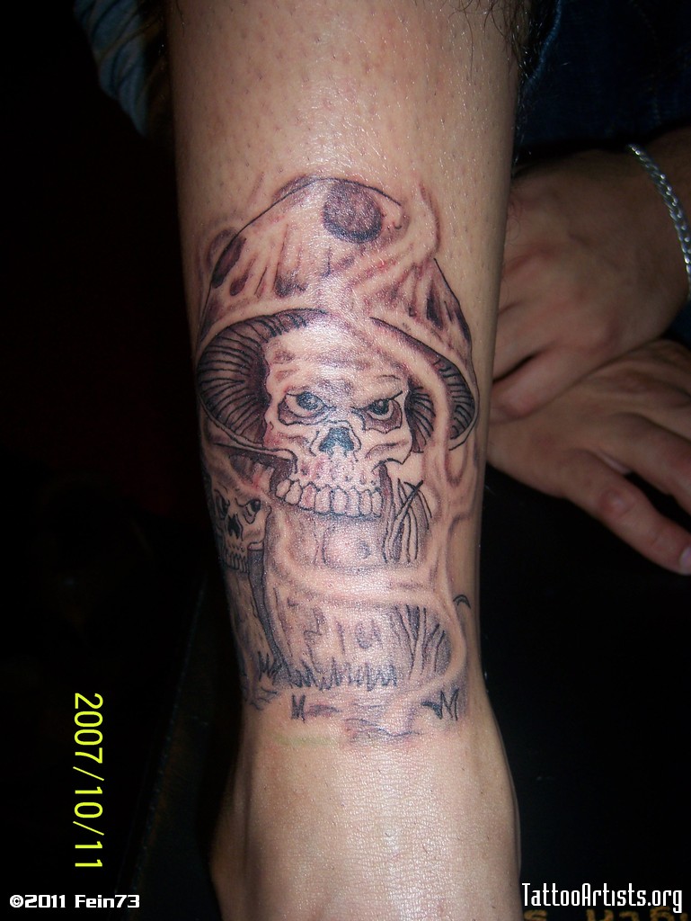 Grey Ink Skull Mushroom Tattoo On Back Leg