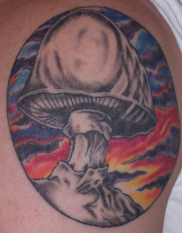 Grey Mushroom Tattoo On Left Shoulder For Men