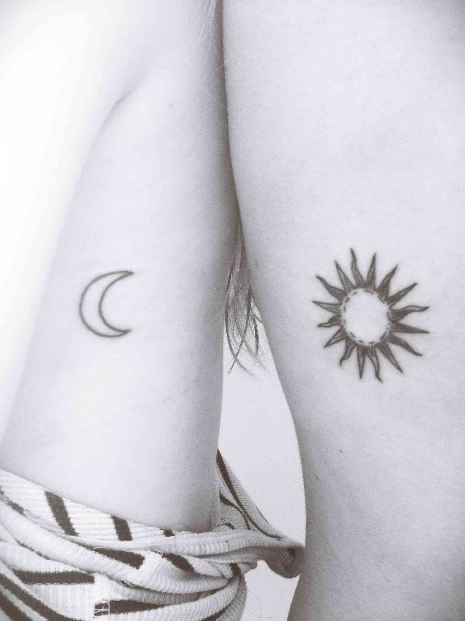 Half Moon And Sun Tattoo On Couple Side Rib