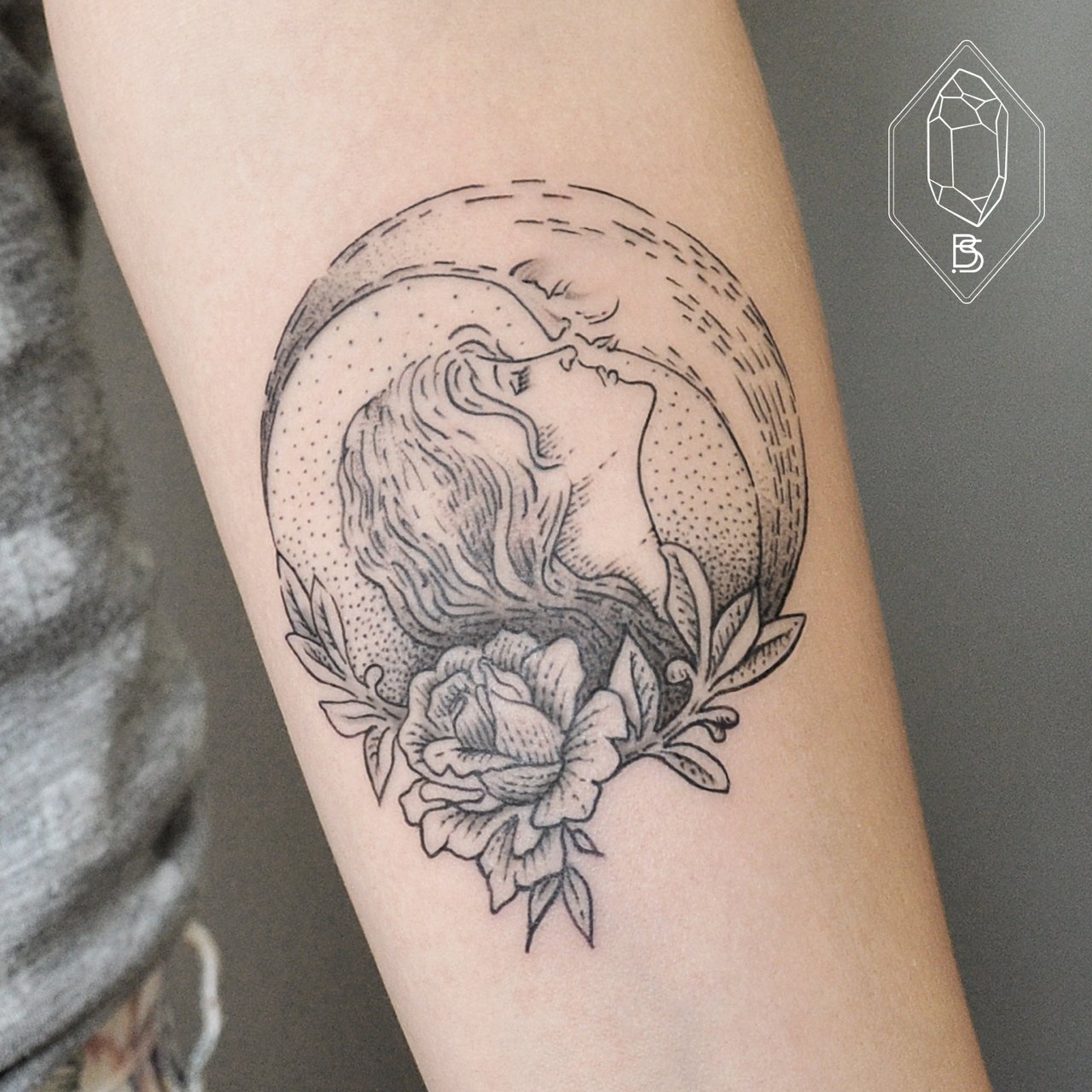 Half Moon With Girl Face And Rose Tattoo Design For Forearm