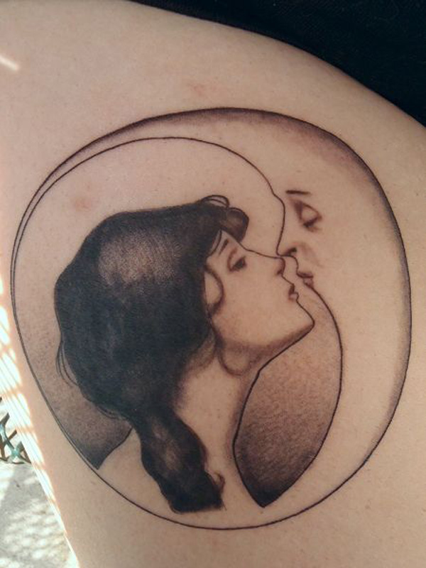Half Moon With Girl Face Tattoo Design For Thigh