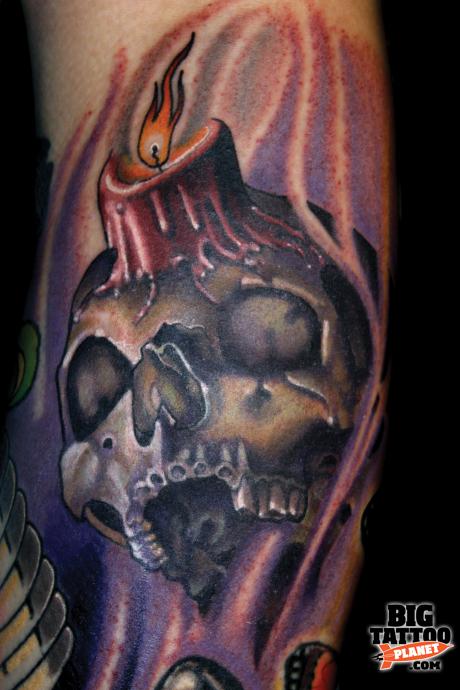 Impressive Burning Candle On Skull Tattoo Design