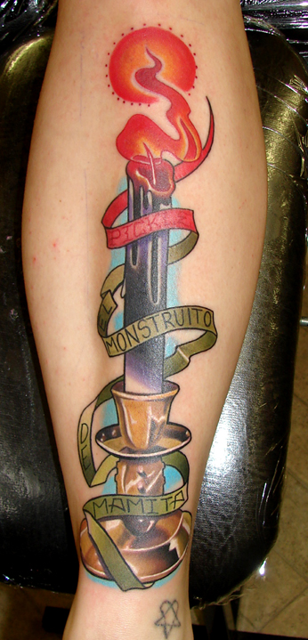Impressive Burning Candle With Banner Tattoo On Leg