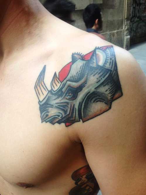 Inspiring Rhino Head Tattoo On Man Left Front Shoulder