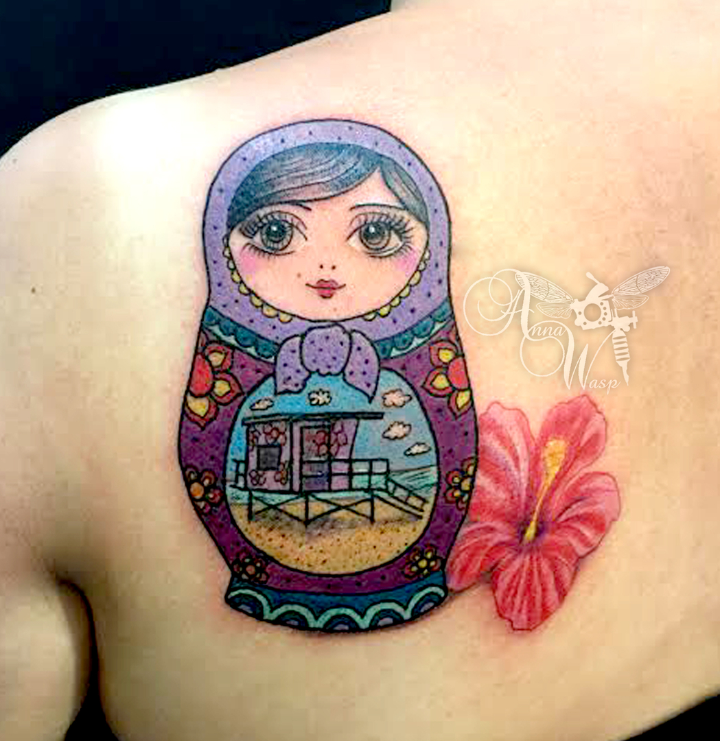 Lily Flower And Matryoshka Tattoo On Left Back Shoulder By Anna