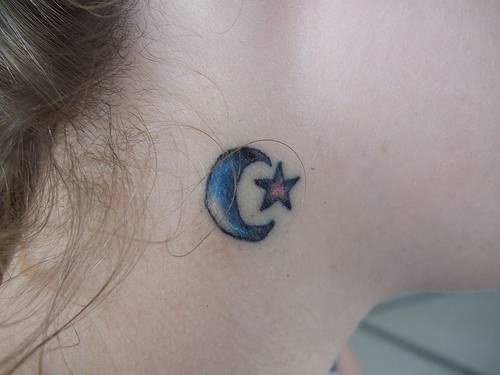 Little Half Moon With Star Tattoo On Girl Side Neck