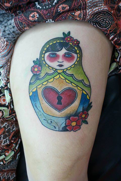 Lock Heart Matryoshka Tattoo On Side Thigh