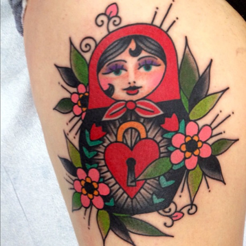 Lock Heart With Flowers And Matryoshka Tattoo