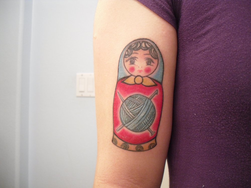 Matryoshka Knitting Tattoo On Bicep