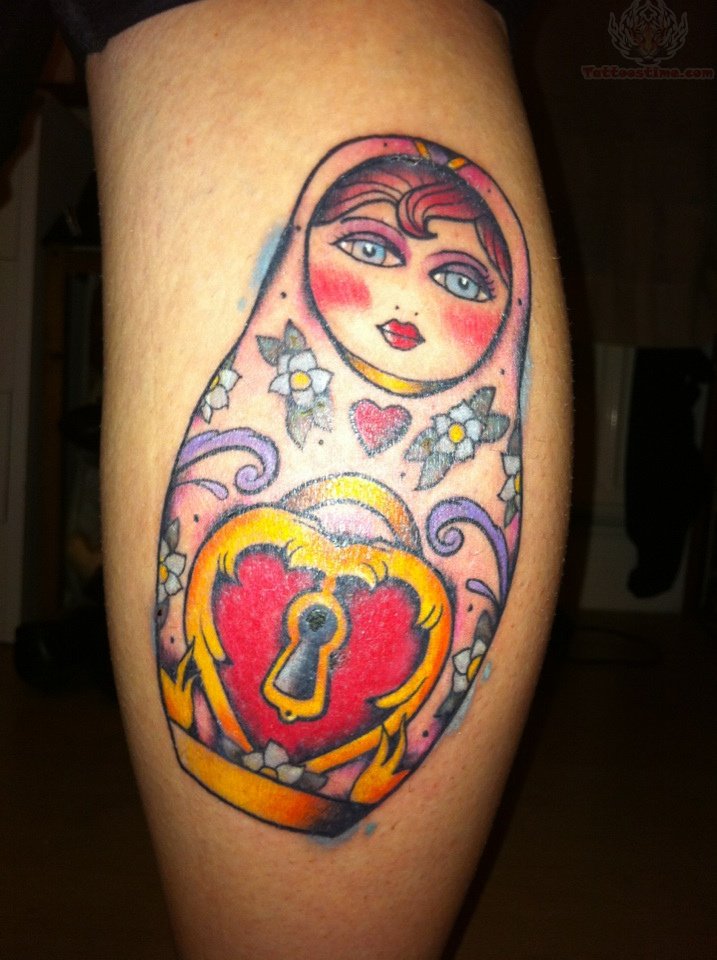 Matryoshka With Lock Heart Tattoo On Back Leg