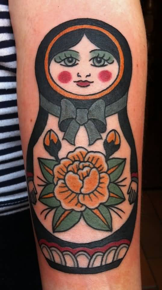 Matryoshka With Yellow Flower Tattoo On Arm