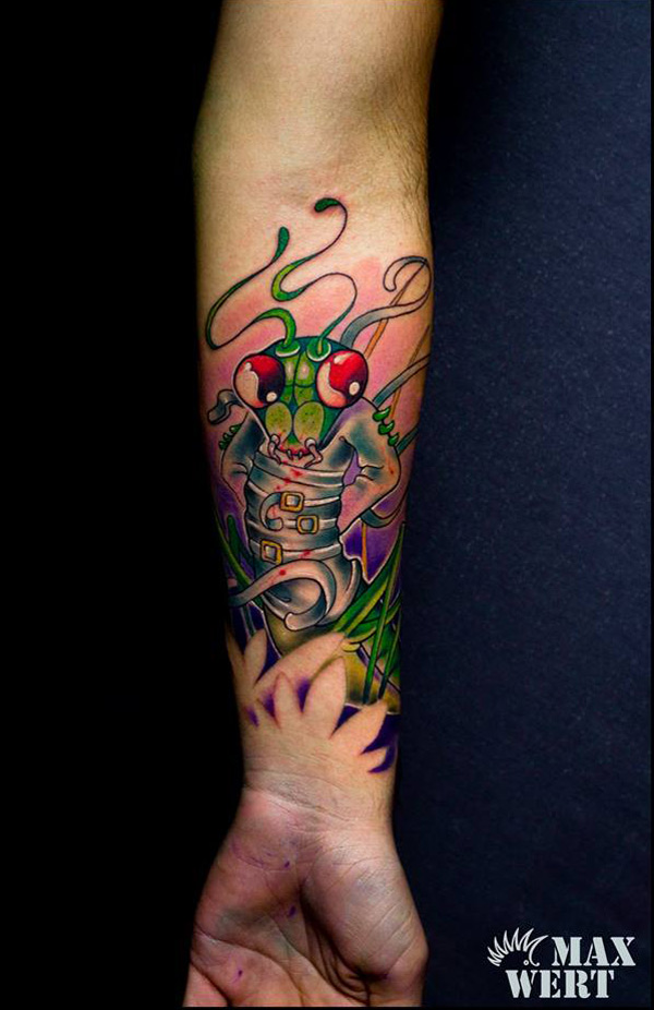Mind Blowing Mantis Tattoo On Forearm