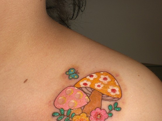 Mushroom Tattoo On Girl Front Shoulder