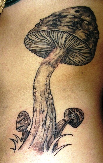 Nice Grey Ink Mushroom Tattoo On Girl Rib Side