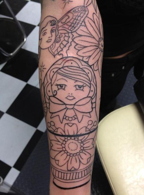 Nice Outline Matryoshka Tattoo On Full Sleeve