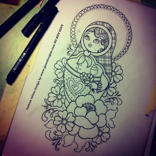 Outline Flowers And Matryoshka Tattoo Design
