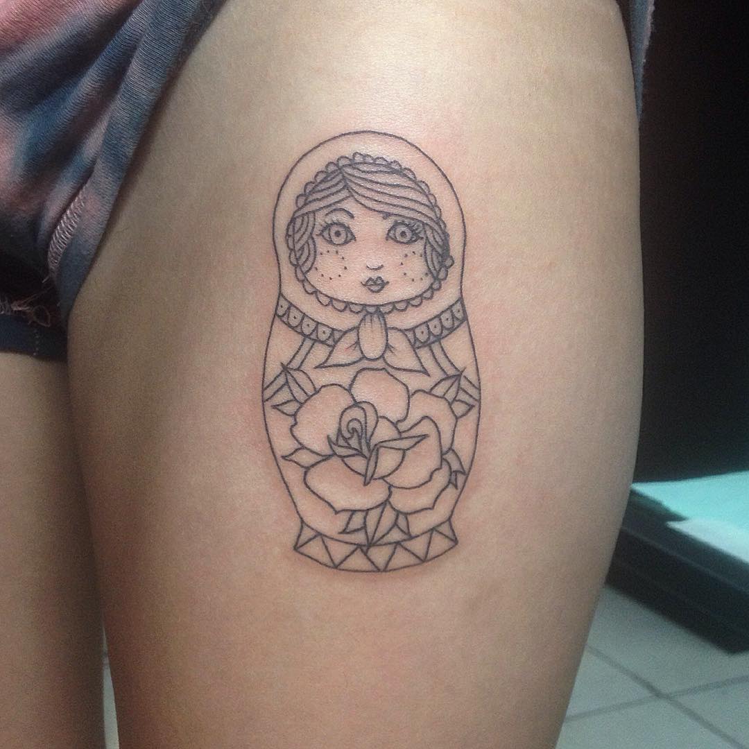 Outline Matryoshka And Rose Flower Tattoo On Left Thigh