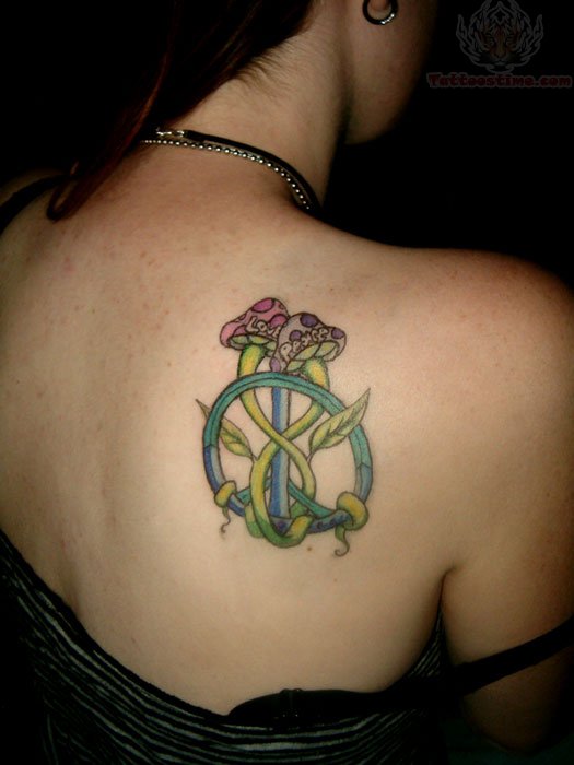 Peace Symbol And Mushroom Tattoo On Right Back Shoulder For Girls