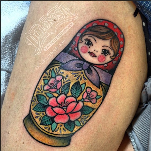 Pink Rose Matryoshka Tattoo On Leg