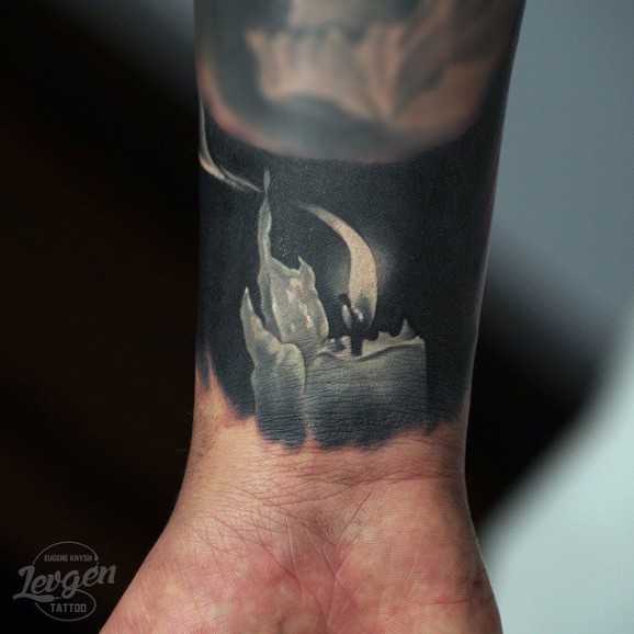 Realistic Black And Grey Candle Tattoo On Wrist