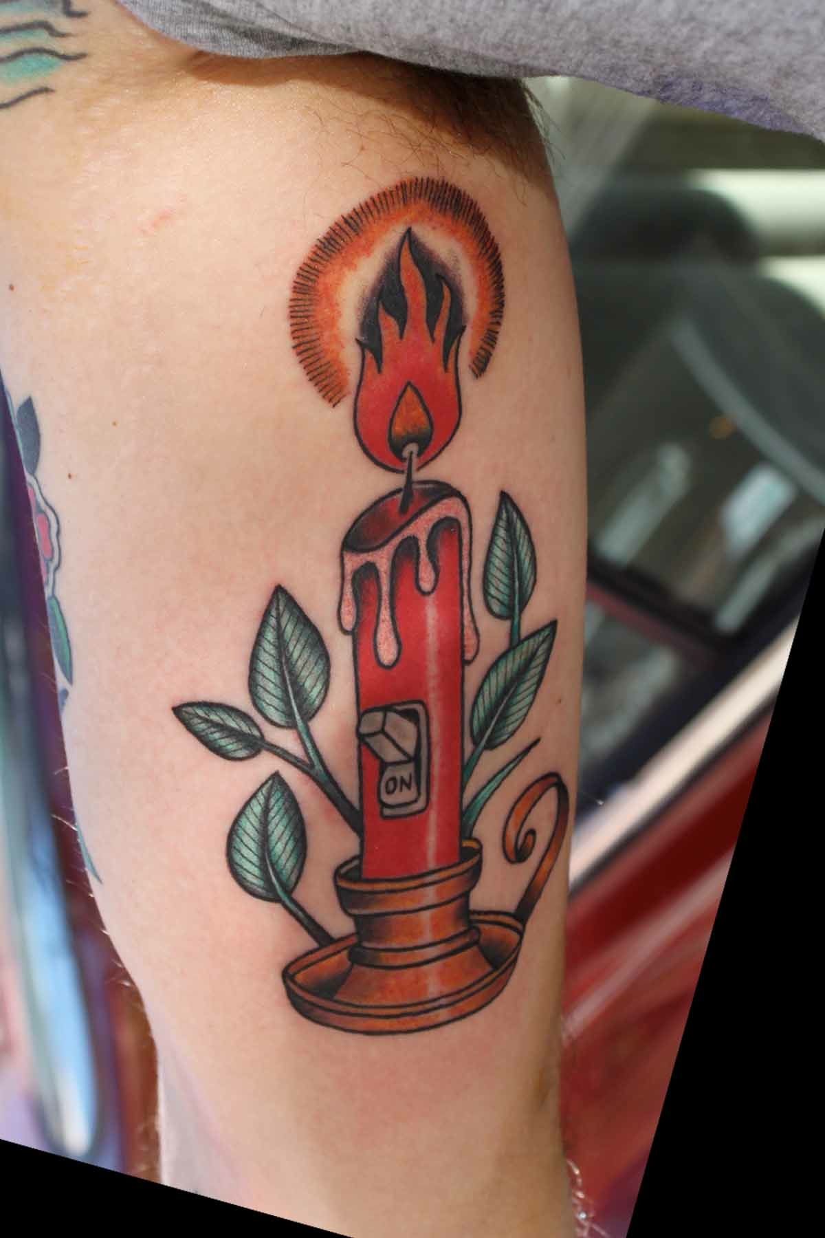 Red Burning Candle Tattoo On Bicep