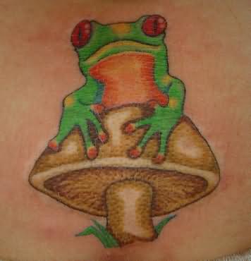 Red Eyes Frog On Mushroom Tattoo Image