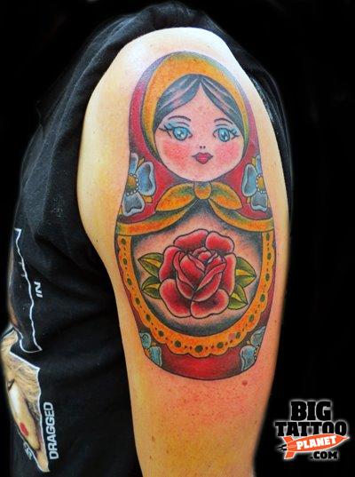 Red Rose and Matryoshka Tattoo On Left Shoulder