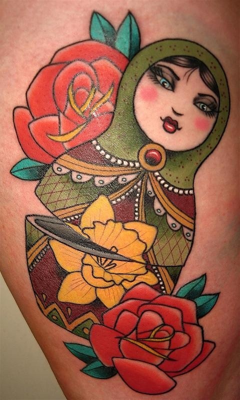 Red Roses And Matryoshka Tattoo
