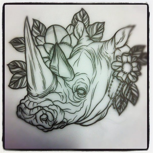 Rhino Head With Flowers Tattoo Stencil