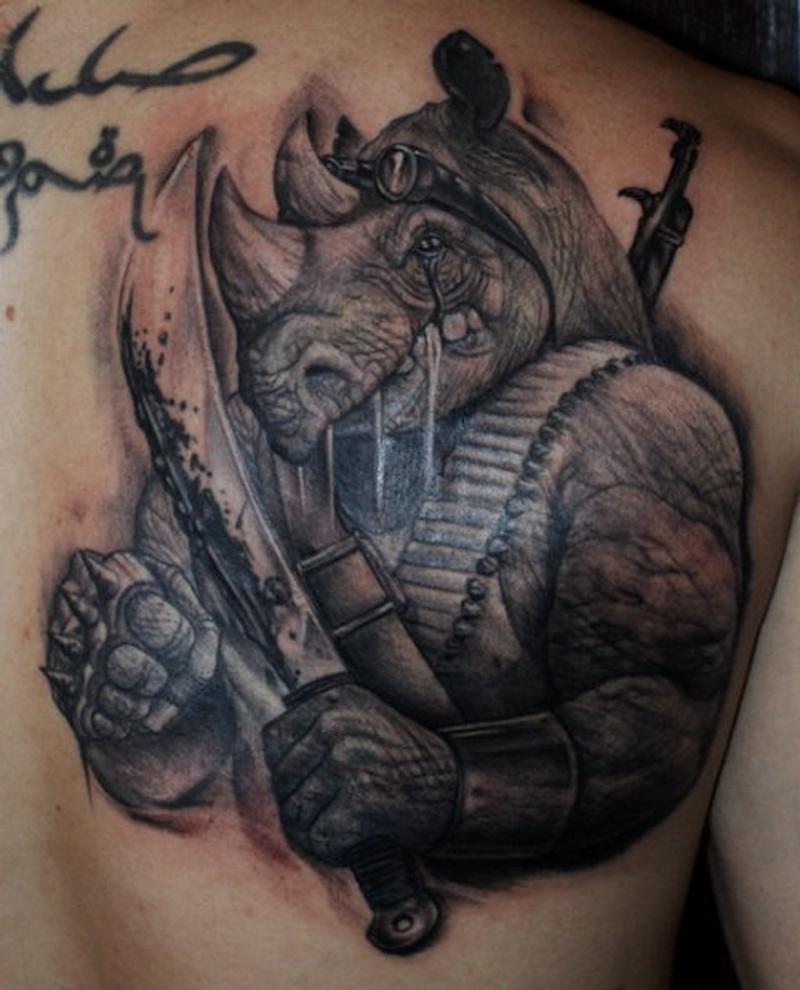 Rhino Warrior Tattoo On Man Right Back Shoulder