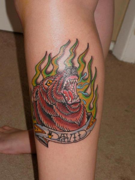 Roaring Bear Head In Flame With Banner Tattoo Design For Leg