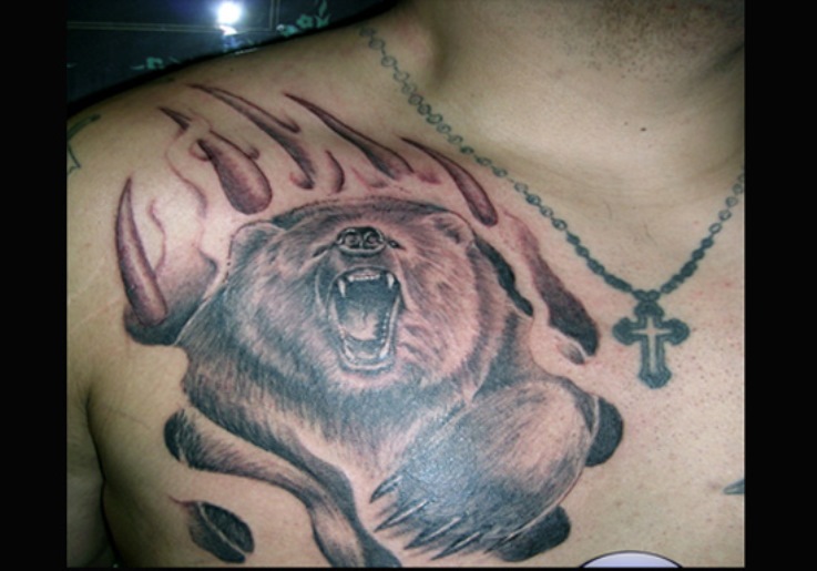 Roaring Bear Tattoo On Man Right Front Shoulder