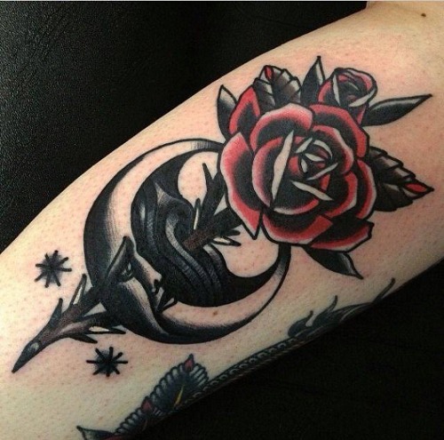 Rose In Half Moon Tattoo Design For Arm