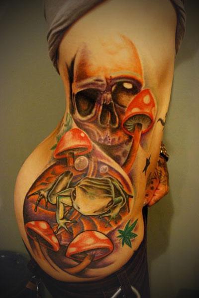 Skull And Evil Mushroom Tattoo On Girl Side Rib