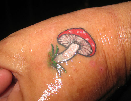 Small Red Mushroom Tattoo On Left Hand
