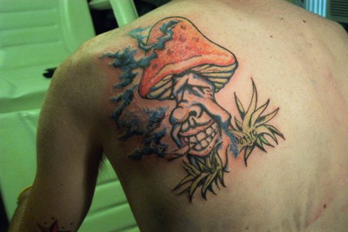 Smoking Evil Mushroom Tattoo On Left Back Shoulder