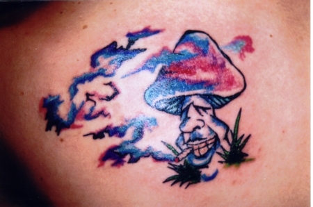 Smoking Mushroom Tattoo On Back Shoulder