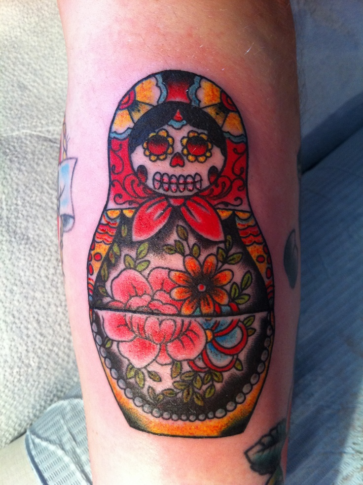 Sugar Skull Matryoshka Tattoo On Leg