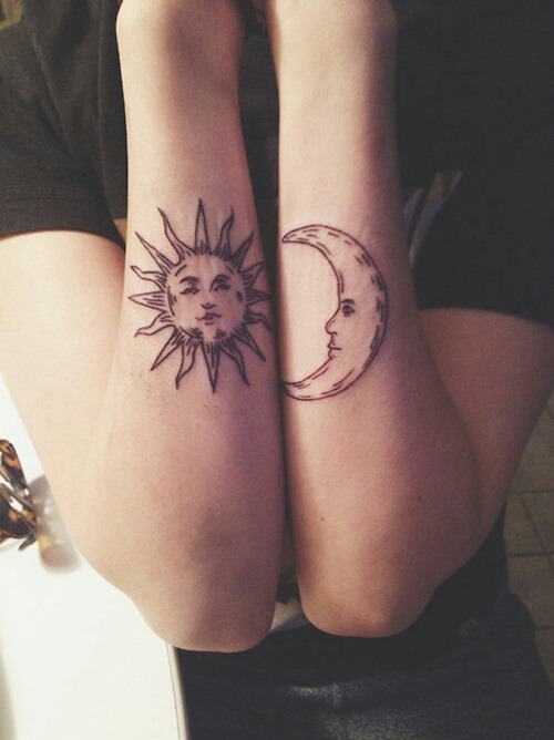 Sun And Half Moon Face Tattoo On Girl Both Arm