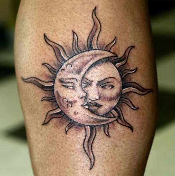 Sun With Half Moon Face Tattoo Design For Leg Calf