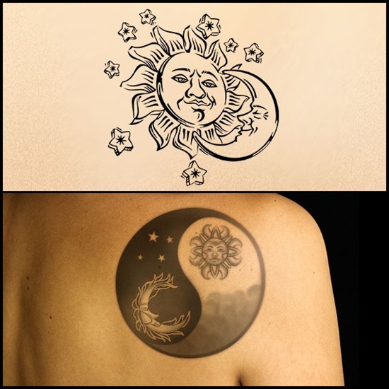 Sun With Half Moon In Yin Yang Tattoo On Right Back Shoulder