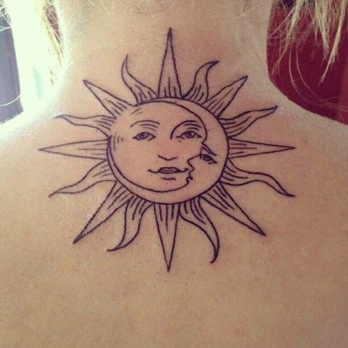 Sun With Half Moon Tattoo On Back Neck