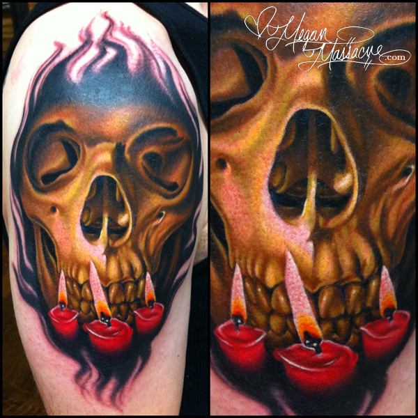 Three Burning Candle With Skull Tattoo On Shoulder