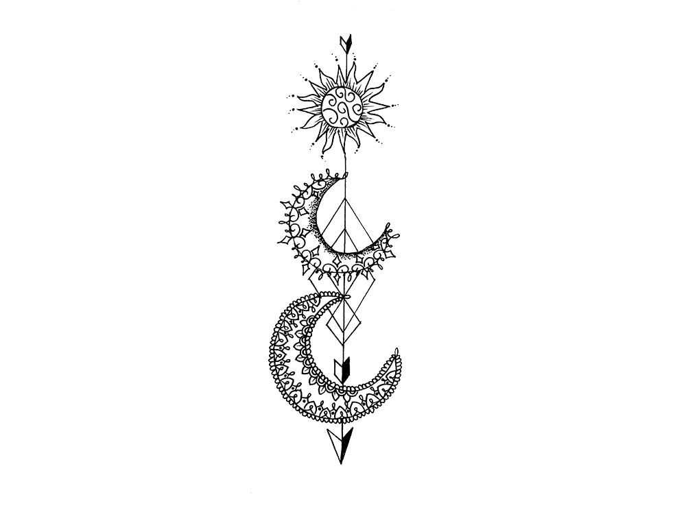 Unique Arrow In Two Half Moon And Sun Tattoo Stencil