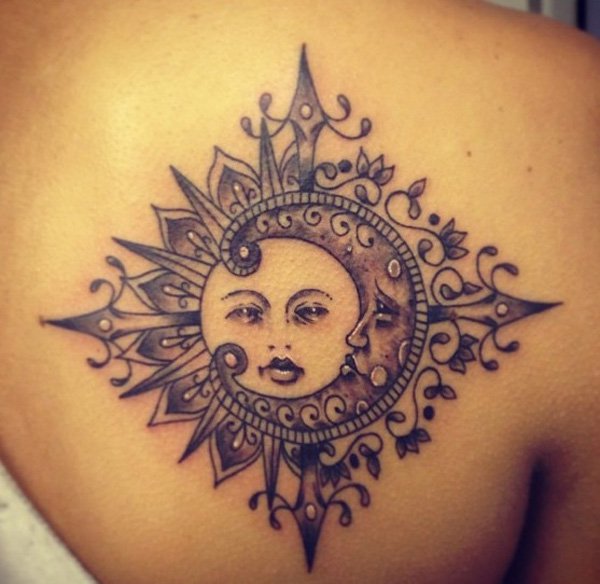 Unique Sun With Half Moon Tattoo On Right Back Shoulder
