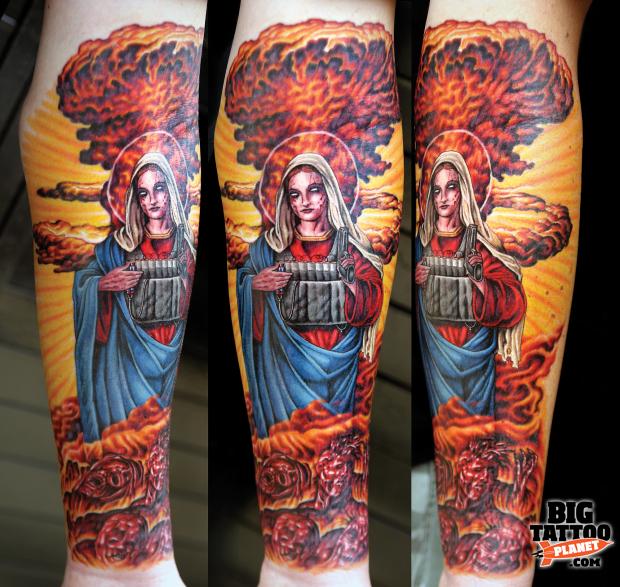 Virgin Mary And Evil Mushroom Tattoo On Forearm